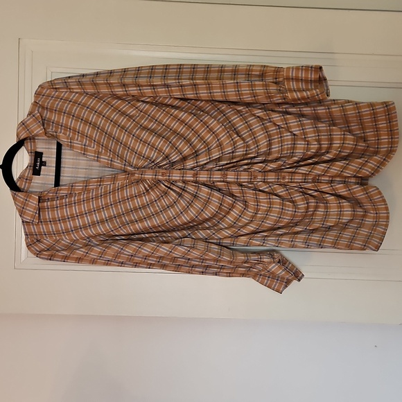 Aakaa Shirt Dress, Button Up, Brown & Blue, Plaid, Sz L, V Neck, Lightweight - Picture 2 of 9